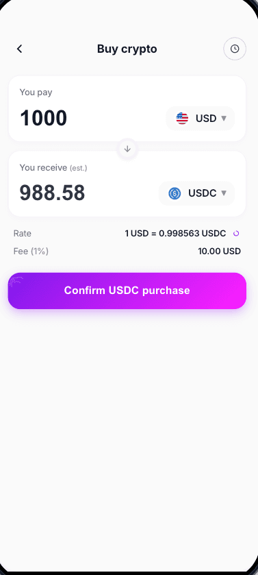 Instant Fiat-Crypto Exchange app screen