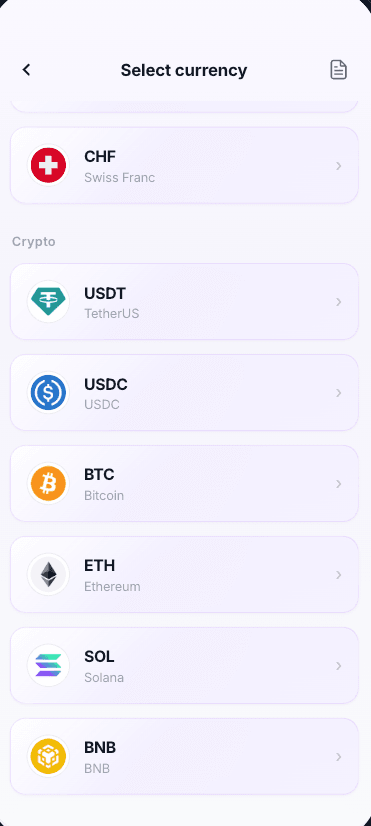 Multi-Currency Wallet app screen