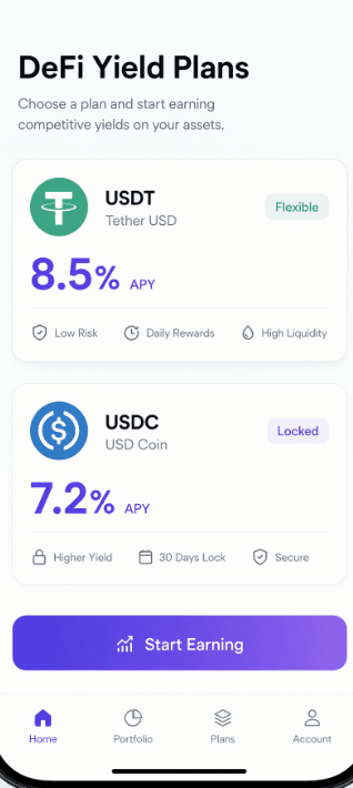 DeFi Yield Plans app screen